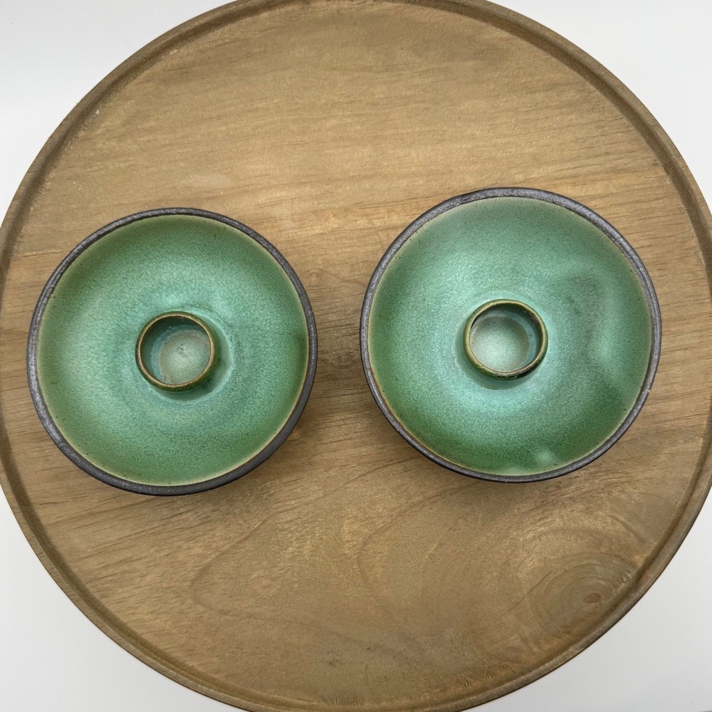MCM Gotek Colonia Tovar Venezuela Pottery Candle Holder Set Green Crackle Glaze - Picture 2 of 10